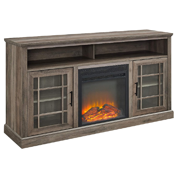 Walker Edison Hoxton Classic 58" Grey Wash 2 Glass Door Electric Fireplace Stand