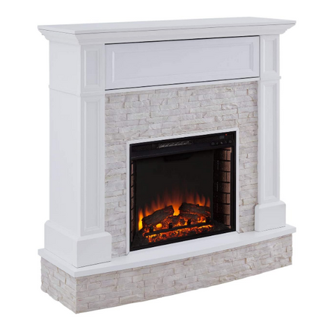 Image of SEI Furniture Jacksdale 48" White Faux Stone Accent Electric Hidden Media Shelf Fireplace