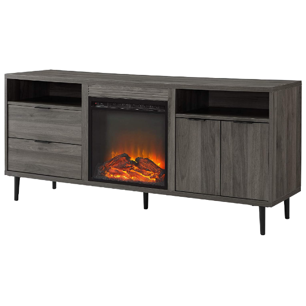 Walker Edison 60" Slate Grey Modern Wood Fireplace TV Stand with Cabinet Doors and Drawers