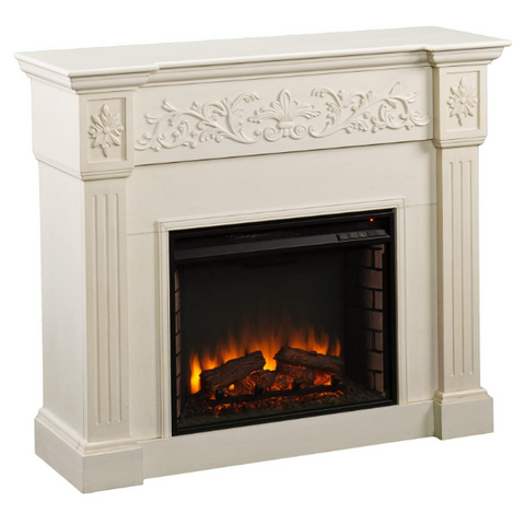 Image of SEI Furniture Calvert FA9279E 44" Ivory Carved Floral Trim Freestanding Electric Fireplace