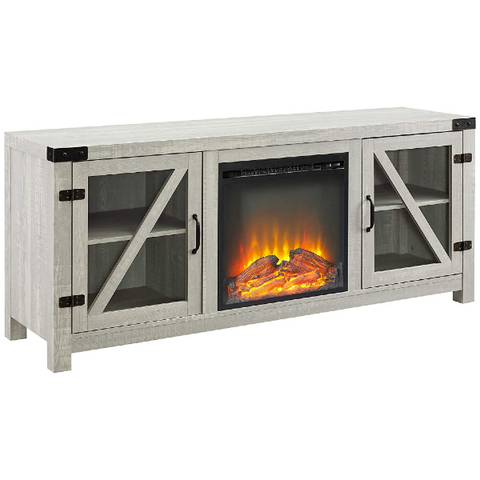 Image of Walker Edison Farmhouse 58" Stone Grey Barn Door Wood and Glass Fireplace TV Stand