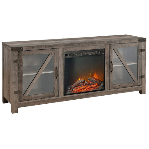 Image of Walker Edison Farmhouse 58" Grey Wash Barn Door Wood and Glass Fireplace TV Stand