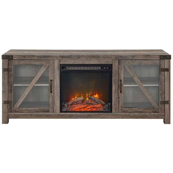Walker Edison Farmhouse 58" Grey Wash Barn Door Wood and Glass Fireplace TV Stand