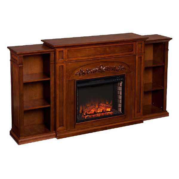 SEI Furniture Chantilly 72" Autumn Oak Electric Bookcases Fireplace
