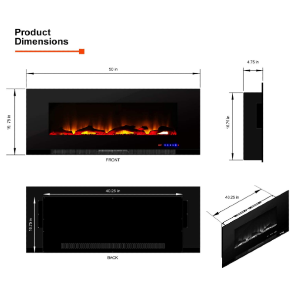 e-Flame USA Livingston 50" Black Wall Mount LED 3-D Electric Fireplace Stove with Timer