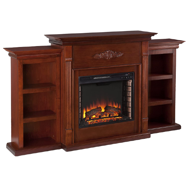 SEI Furniture Tennyson 70" Mahogany Electric Bookcases Fireplace