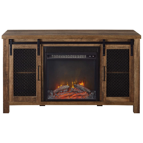 Image of Walker Edison 48" Rustic Oak Farmhouse Barndoor and Wood Universal Fireplace TV Stand