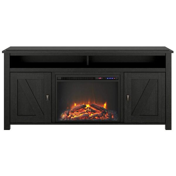 Ameriwood Home Farmington 60" Black Oak Freestanding Electric Fireplace TV Console-Modern Ethanol Fireplaces