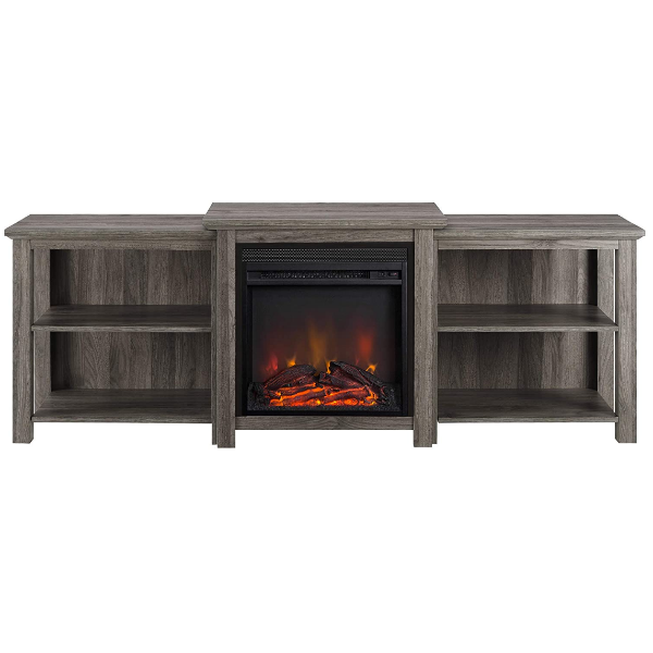 Walker Edison 70" Slate Grey Tiered Wood Fireplace TV Stand with Open Shelves