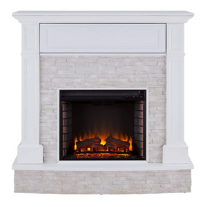 SEI Furniture Jacksdale 48" White Faux Stone Accent Electric Hidden Media Shelf Fireplace