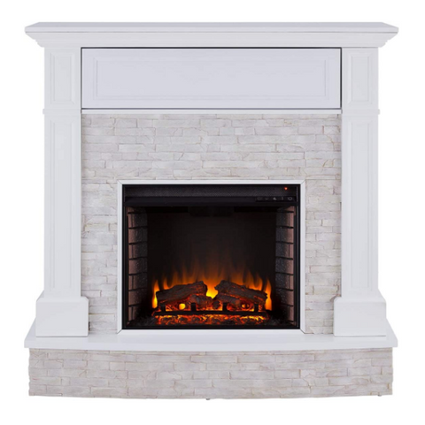 Image of SEI Furniture Jacksdale 48" White Faux Stone Accent Electric Hidden Media Shelf Fireplace