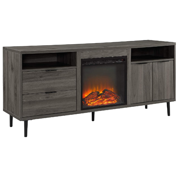 Walker Edison 60" Slate Grey Modern Wood Fireplace TV Stand with Cabinet Doors and Drawers