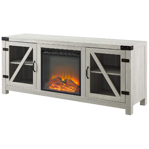 Image of Walker Edison Farmhouse 58" Stone Grey Barn Door Wood and Glass Fireplace TV Stand