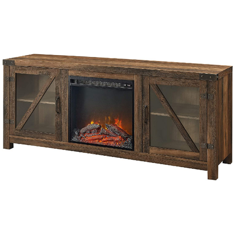 Image of Walker Edison Farmhouse 58" Rustic Oak Barn Door Wood and Glass Fireplace TV Stand