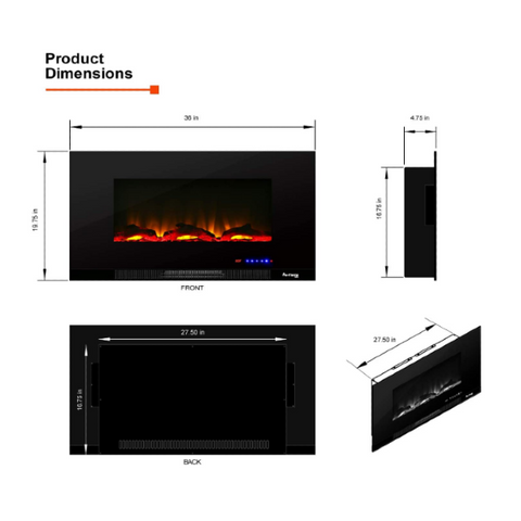 e-Flame USA Livingston 36" Black Wall Mount LED 3-D Electric Fireplace Stove with Timer