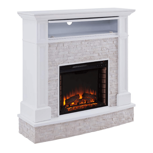 SEI Furniture Electric Fireplaces SEI Furniture Jacksdale 48" White Faux Stone Accent Electric Hidden Media Shelf Fireplace