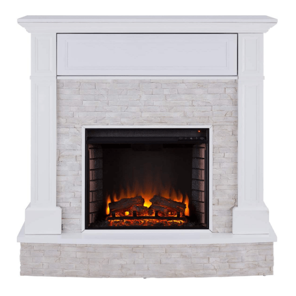 SEI Furniture Electric Fireplaces SEI Furniture Jacksdale 48" White Faux Stone Accent Electric Hidden Media Shelf Fireplace