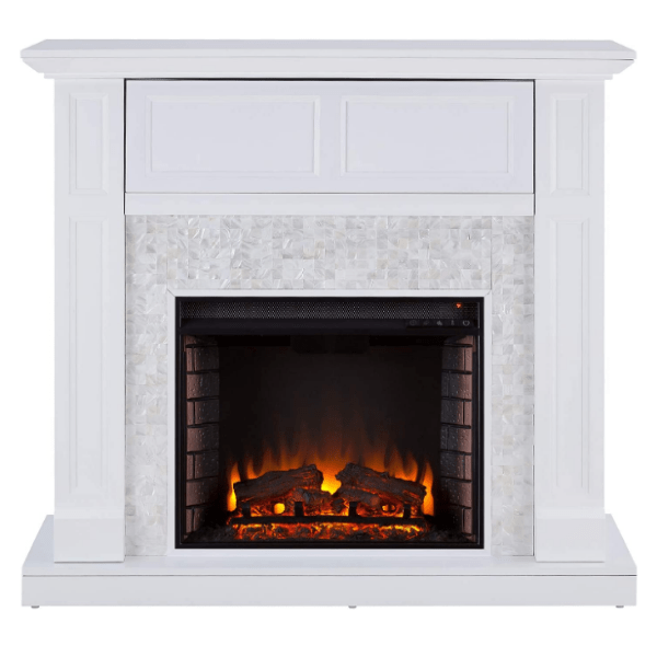 SEI Furniture Electric Fireplaces SEI Furniture Nobleman 45" White Mother of Pearl Tiled Electric Media Shelf Fireplace