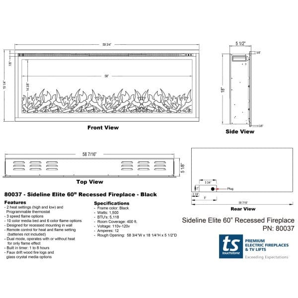 Touchstone Electric Fireplaces Touchstone Sideline Elite Smart 60" Black WiFi-Enabled Recessed Electric Fireplace