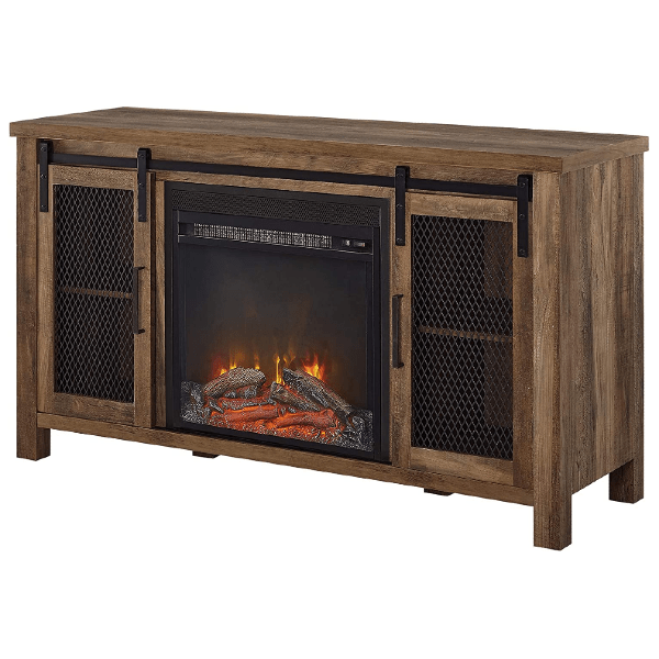 Walker Edison Electric Fireplaces Walker Edison 48" Rustic Oak Farmhouse Barndoor and Wood Universal Fireplace TV Stand