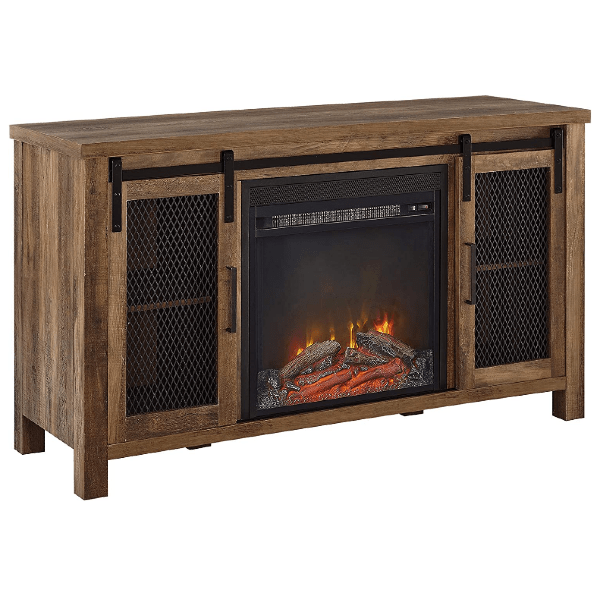 Walker Edison Electric Fireplaces Walker Edison 48" Rustic Oak Farmhouse Barndoor and Wood Universal Fireplace TV Stand