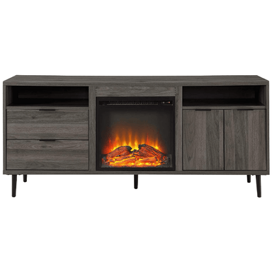 Walker Edison Electric Fireplaces Walker Edison 60" Slate Grey Modern Wood Fireplace TV Stand with Cabinet Doors and Drawers