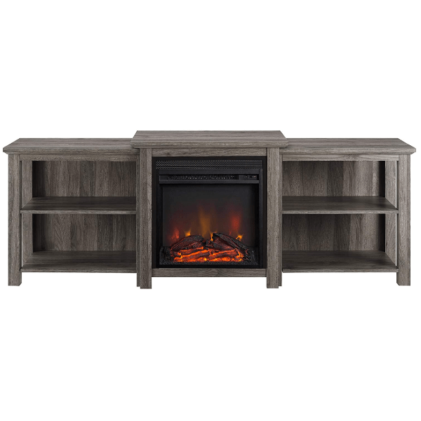 Walker Edison Electric Fireplaces Walker Edison 70" Slate Grey Tiered Wood Fireplace TV Stand with Open Shelves