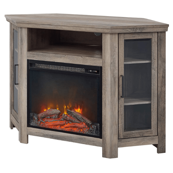 Walker Edison Electric Fireplaces Walker Edison Alcott Classic 48" Grey Wash Glass Door Electric Fireplace Corner TV Stand