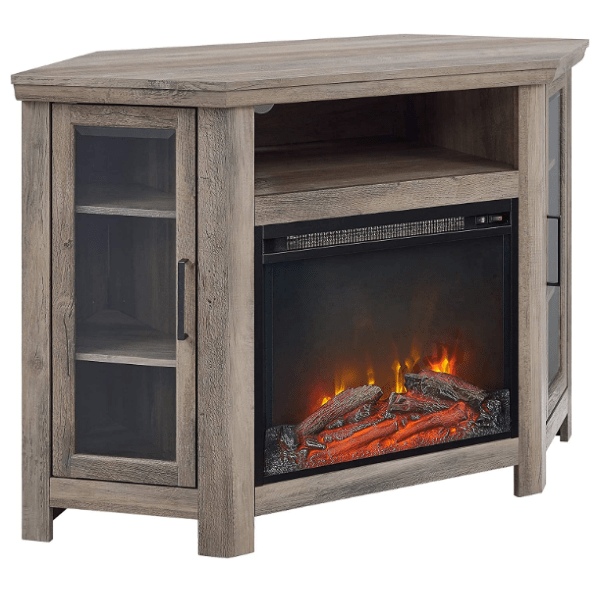 Walker Edison Electric Fireplaces Walker Edison Alcott Classic 48" Grey Wash Glass Door Electric Fireplace Corner TV Stand