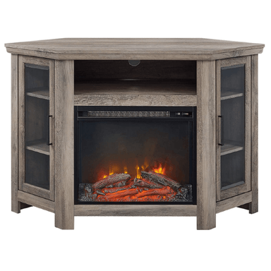 Walker Edison Electric Fireplaces Walker Edison Alcott Classic 48" Grey Wash Glass Door Electric Fireplace Corner TV Stand
