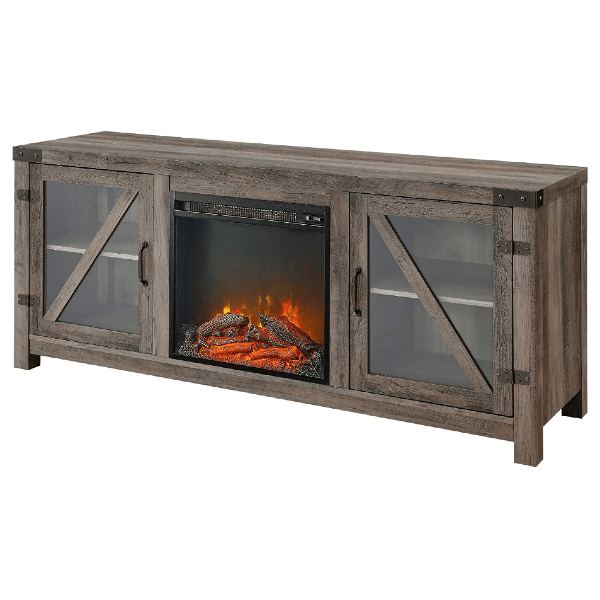 Walker Edison Electric Fireplaces Walker Edison Farmhouse 58" Grey Wash Barn Door Wood and Glass Fireplace TV Stand