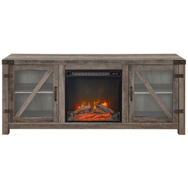 Walker Edison Electric Fireplaces Walker Edison Farmhouse 58" Grey Wash Barn Door Wood and Glass Fireplace TV Stand