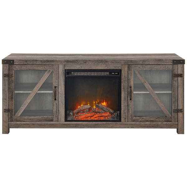 Walker Edison Electric Fireplaces Walker Edison Farmhouse 58" Grey Wash Barn Door Wood and Glass Fireplace TV Stand