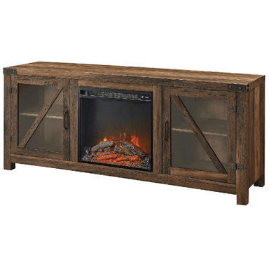 Walker Edison Electric Fireplaces Walker Edison Farmhouse 58" Rustic Oak Barn Door Wood and Glass Fireplace TV Stand