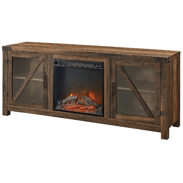 Walker Edison Electric Fireplaces Walker Edison Farmhouse 58" Rustic Oak Barn Door Wood and Glass Fireplace TV Stand