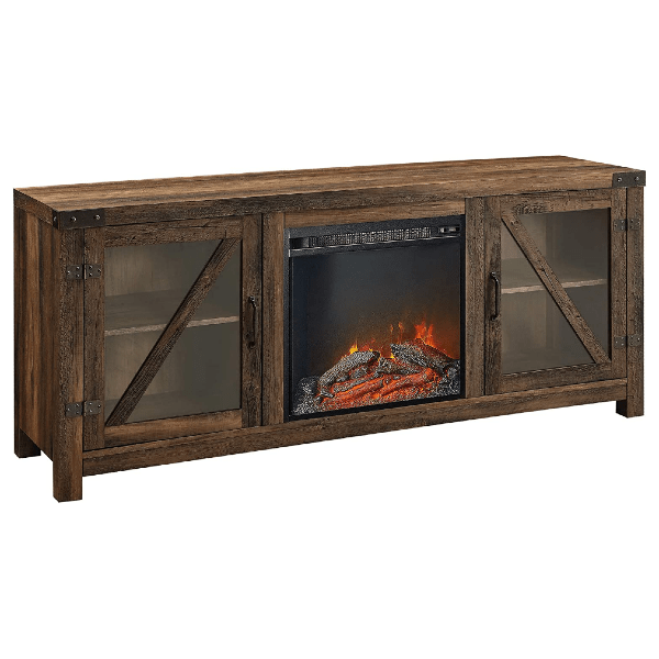 Walker Edison Electric Fireplaces Walker Edison Farmhouse 58" Rustic Oak Barn Door Wood and Glass Fireplace TV Stand