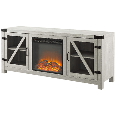 Walker Edison Electric Fireplaces Walker Edison Farmhouse 58" Stone Grey Barn Door Wood and Glass Fireplace TV Stand