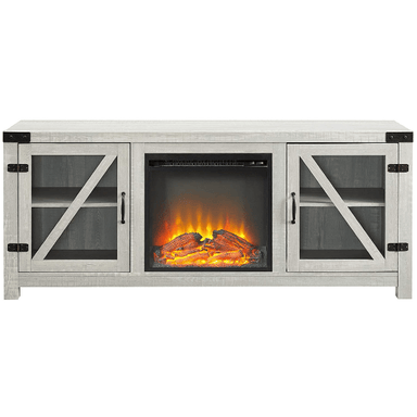 Walker Edison Electric Fireplaces Walker Edison Farmhouse 58" Stone Grey Barn Door Wood and Glass Fireplace TV Stand