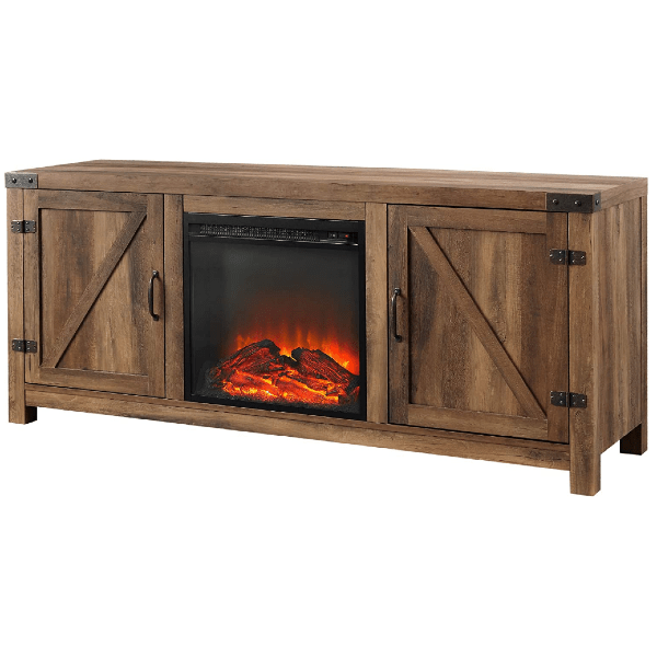 Walker Edison Electric Fireplaces Walker Edison Georgetown 58" Rustic Oak Double Barn Door Electric Fireplace TV Stand