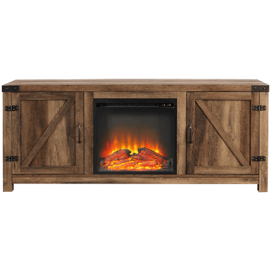 Walker Edison Electric Fireplaces Walker Edison Georgetown 58" Rustic Oak Double Barn Door Electric Fireplace TV Stand