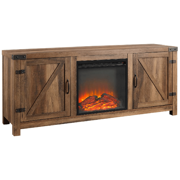 Walker Edison Electric Fireplaces Walker Edison Georgetown 58" Rustic Oak Double Barn Door Electric Fireplace TV Stand