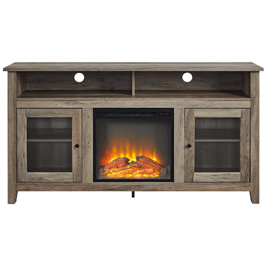 Walker Edison Electric Fireplaces Walker Edison Glenwood 58" Grey Wash Rustic Glass Door Highboy Fireplace TV Stand